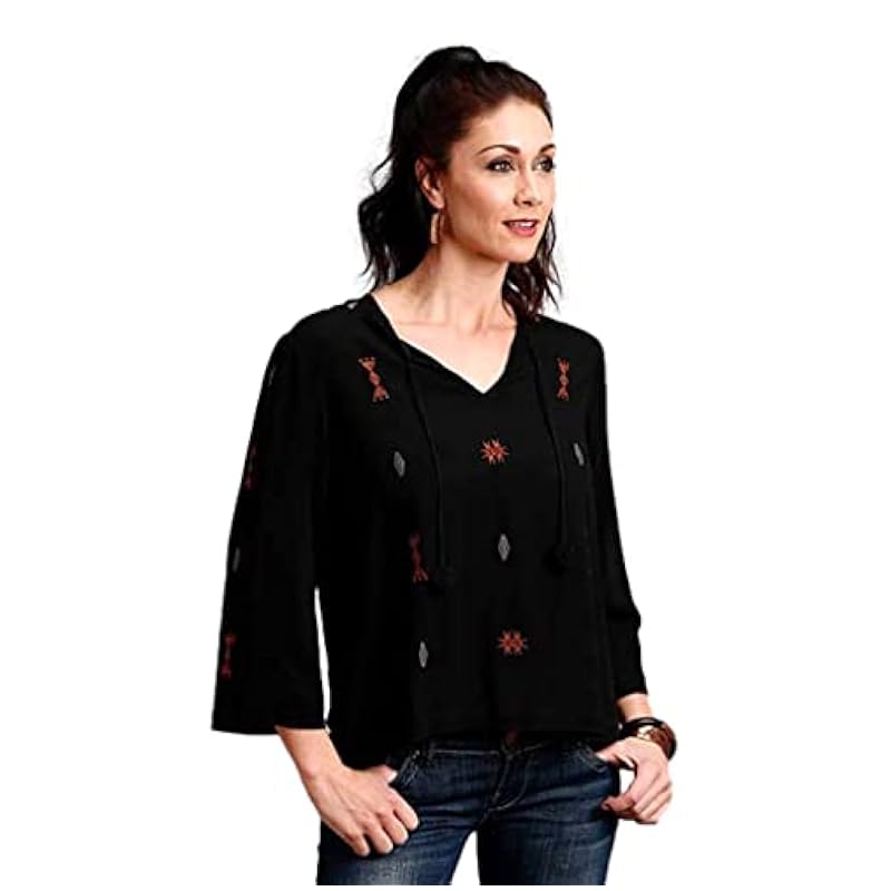 Stetson Women's Crepe Embroidered Long Sleeve Top Black Large Stetson ‎womens Tops, Tees & Blouses