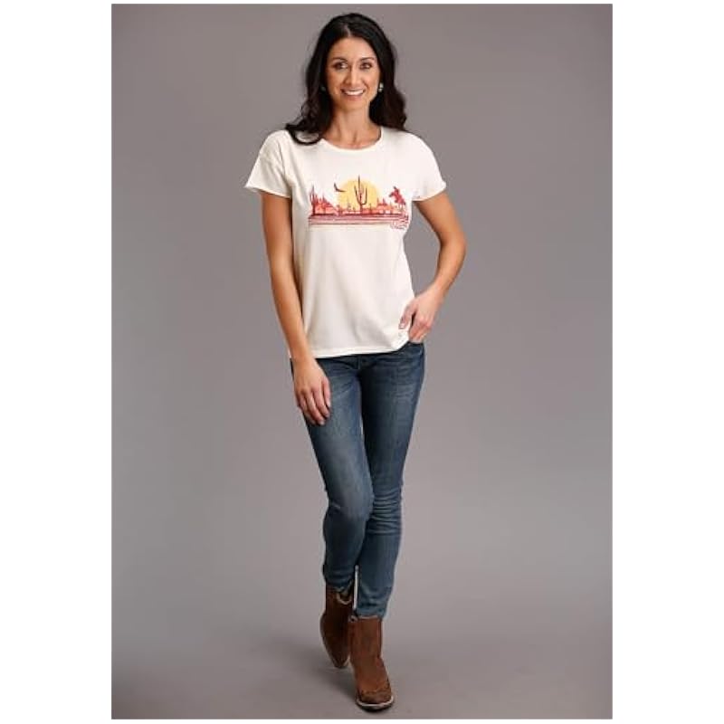 ‎womens Tops, Tees & Blouses Stetson Stetson Womens White 100% Cotton Distressed Cowgirl S/S T-Shirt XS