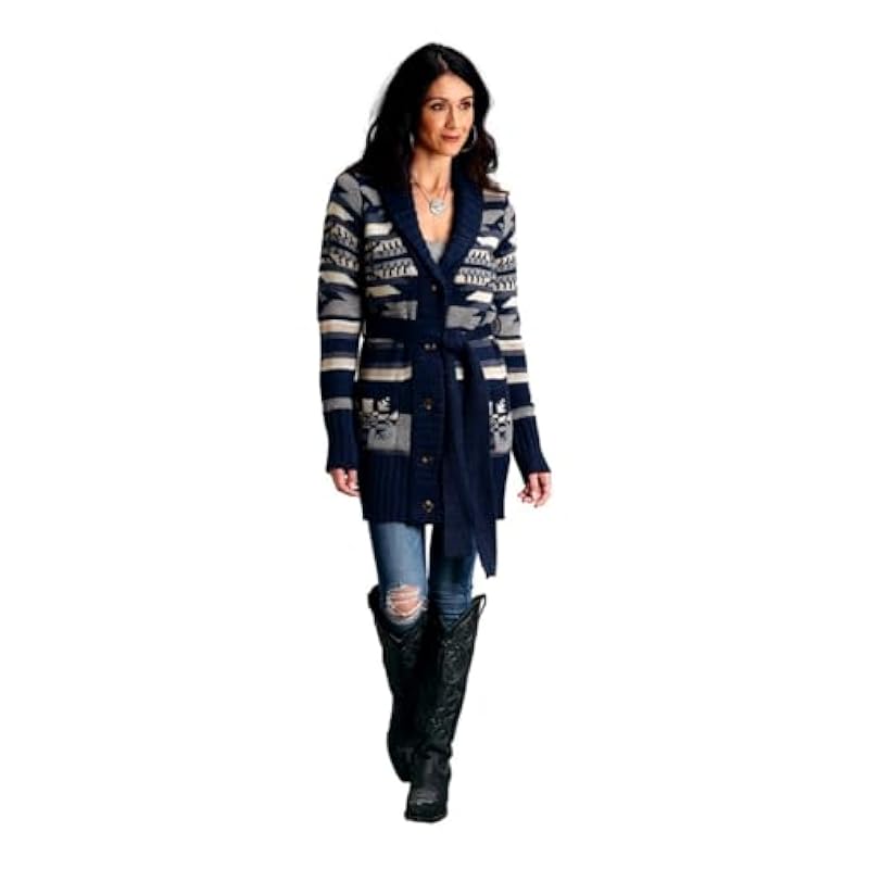 ‎womens Sweaters Stetson Stetson Women's Southwestern Print Shawl Cardigan Blue Medium US