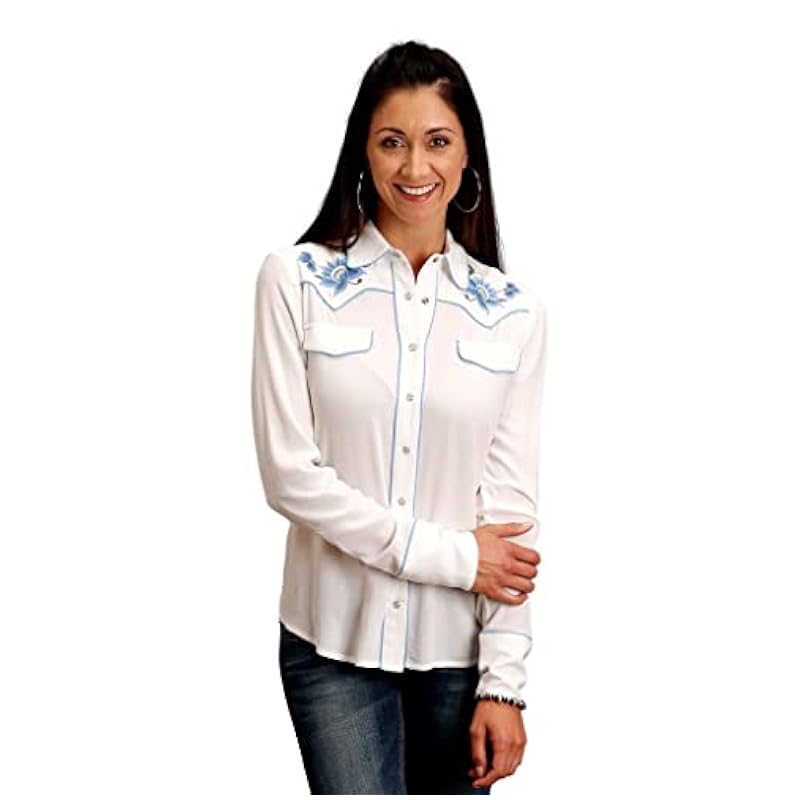 Stetson Tops, Tees & Blouses Stetson Womens Cream Rayon/Nylon Blue Flower L/S Blouse White