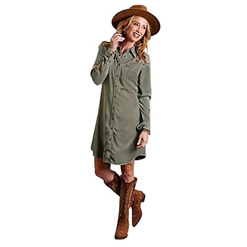 ‎womens Dresses Stetson Stetson Women's Olive Southwestern Embroidered Shirt Dress Olive X-Small