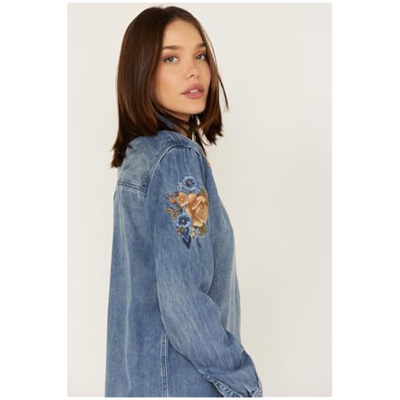 Stetson Tops, Tees & Blouses ‎womens Stetson Women's Floral Embroidered Medium Wash Long Sleeve Button Down Shirt Blue Large