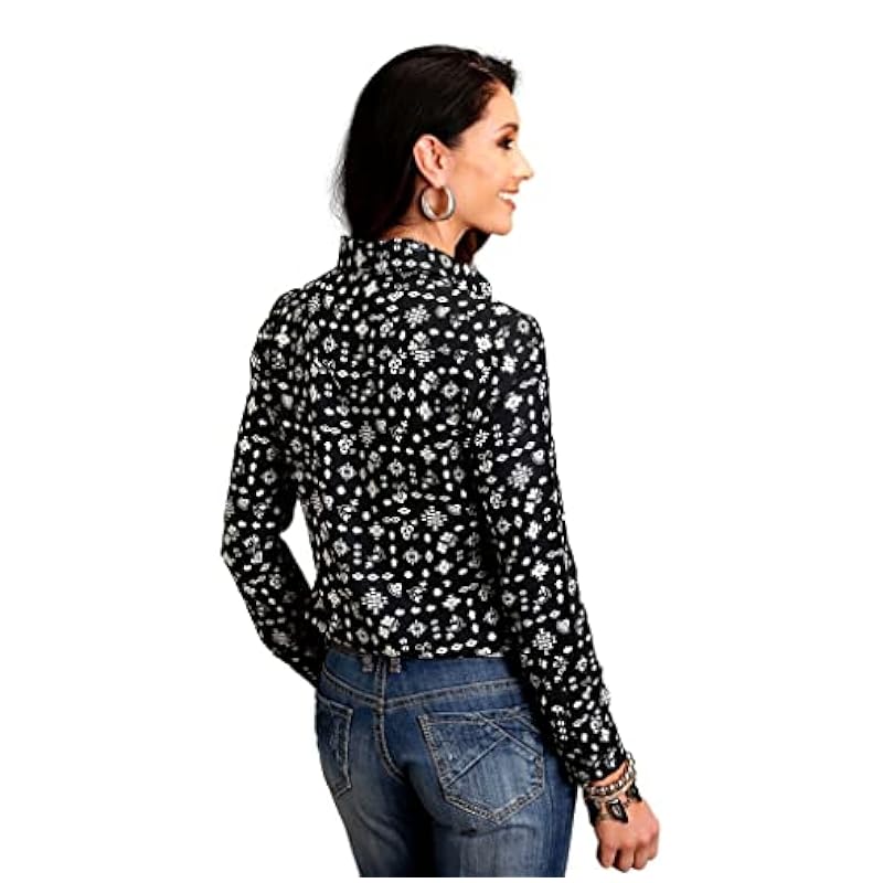 ‎womens Tops, Tees & Blouses Stetson Stetson Women's Southwestern Print Long Sleeve Snap Western Shirt Black Medium