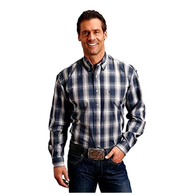 ‎mens Shirts Stetson Stetson Men's Checkered Ombre Plaid Long Sleeve Button-Down Western Shirt Blue Medium