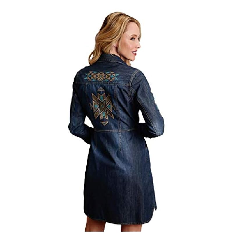 ‎Womens Tops, Tees & Blouses Stetson Stetson Women's Aztec Embroidered Long Sleeve Western Shirt Dress Blue X-Small