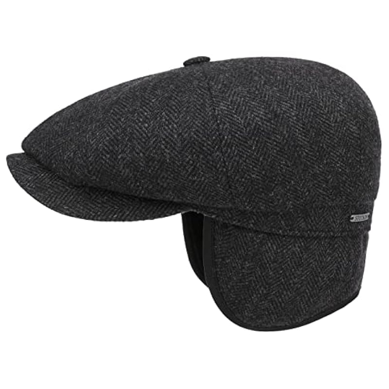 ‎mens Hats & Caps Stetson Stetson Hatteras Classic Ear Flaps Flat Cap Men - Made in The EU Black-grey