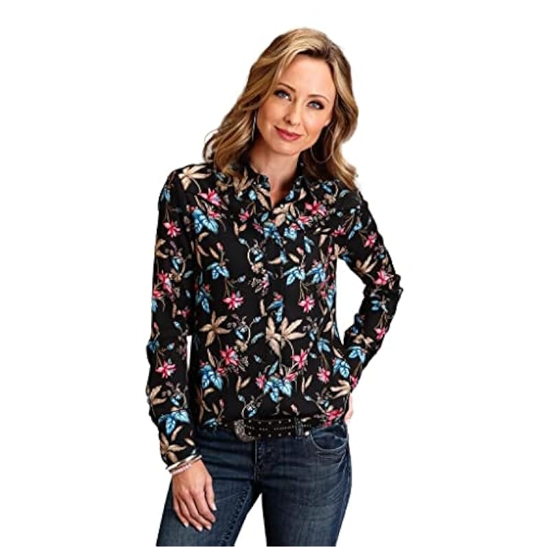 ‎womens Tops, Tees & Blouses Stetson Stetson Womens Black Rayon/Nylon Feather Floral L/S Blouse S