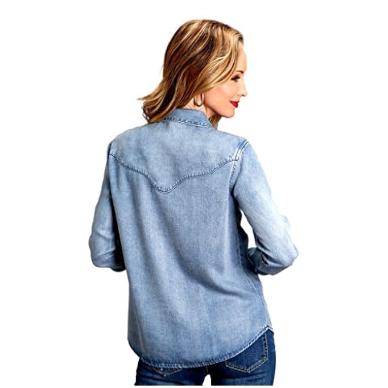 ‎womens Tops, Tees & Blouses Stetson Stetson Women's Solid Blue Denim Long Sleeve Snap Western Shirt Blue