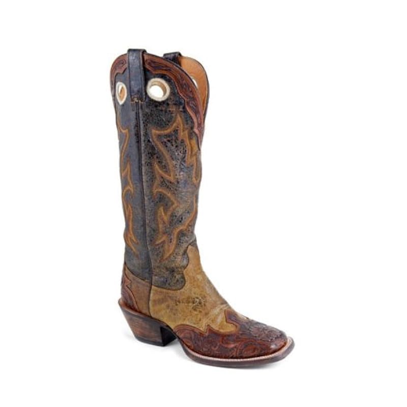 Stetson Men's Buckaroo Boots 2 Tone Hand Tooled Wingtip Square Toe Brown Leather Buckaroo Boots 11.5 M Stetson ‎mens Boots