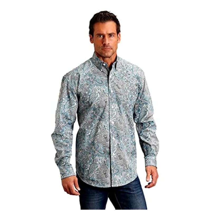 ‎mens Shirts Stetson Stetson Men's Denim Paisley Print Long Sleeve Button-Down Western Shirt Green Medium