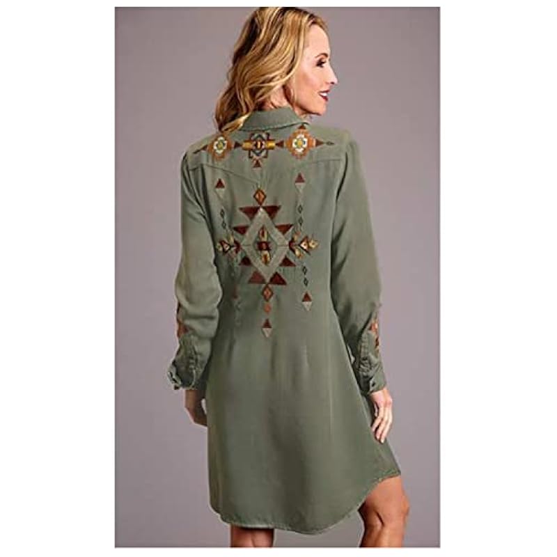 ‎womens Dresses Stetson Stetson Women's Olive Southwestern Embroidered Shirt Dress Olive X-Small