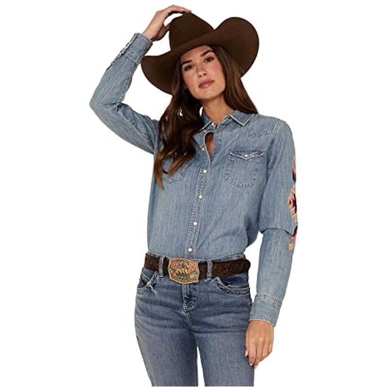Stetson Tops, Tees & Blouses ‎womens Stetson Women's Southwestern Embroidered Sleeve Denim Western Snap Shirt Blue Large