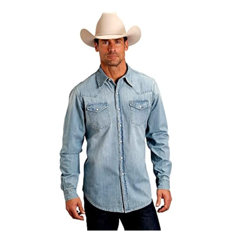 Stetson Shirts ‎mens Stetson Men's Light Blue Denim Long Sleeve Snap Western Shirt Blue XX-Large