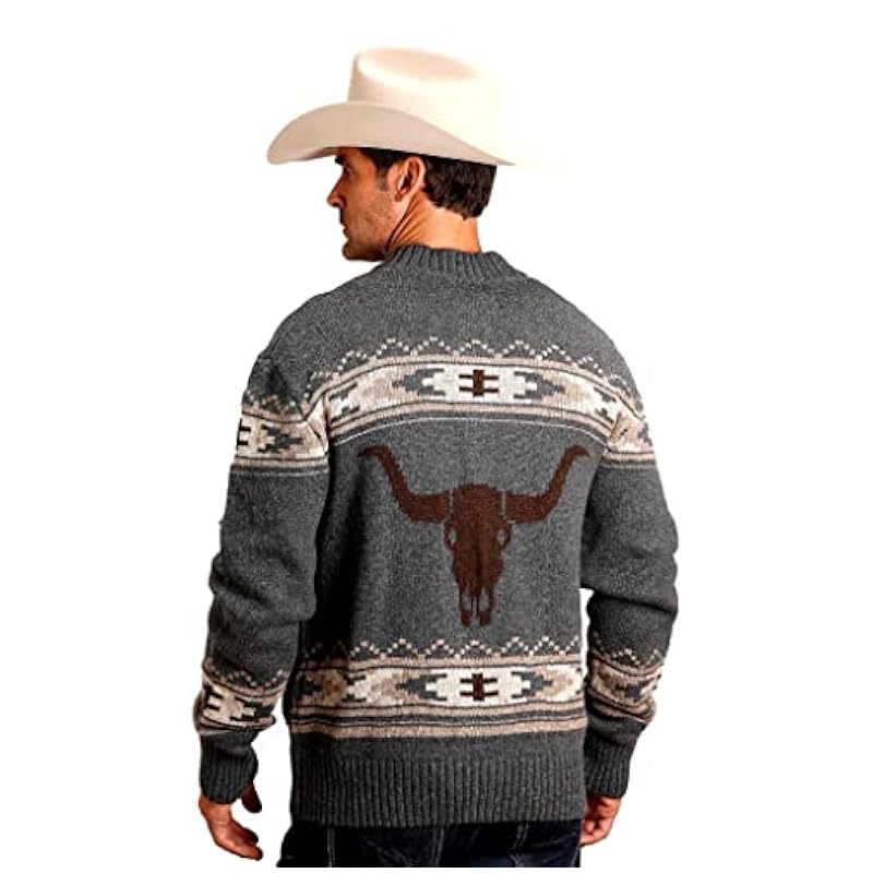 Stetson Sweaters ‎mens Stetson Mens Grey Cotton/Wool Longhorn Knit Cardigan Large