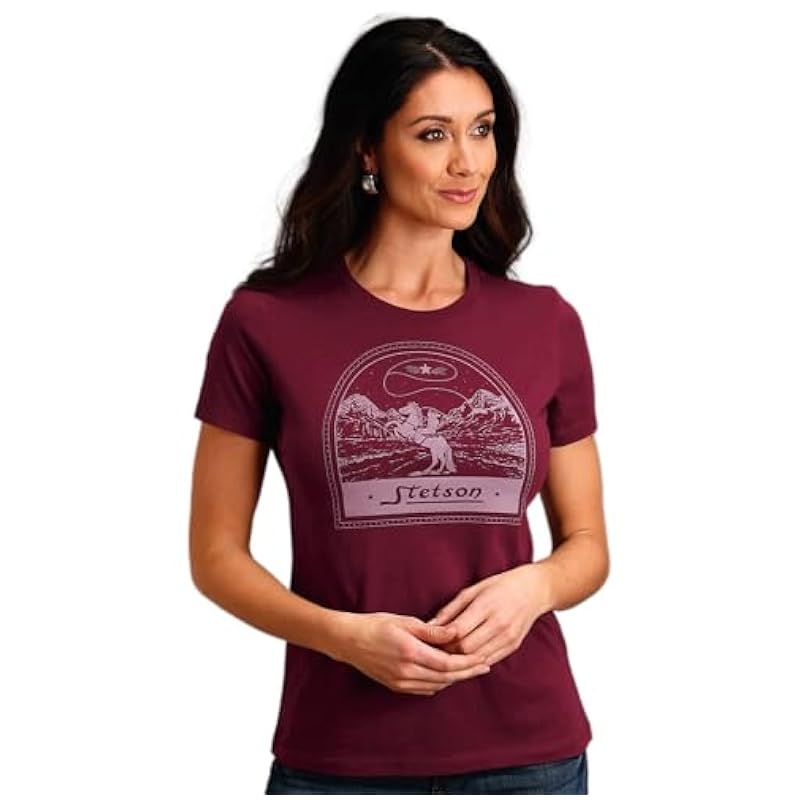 ‎womens Tops, Tees & Blouses Stetson Stetson Womens Maroon 100% Cotton Cowboy Lasso S/S T-Shirt S