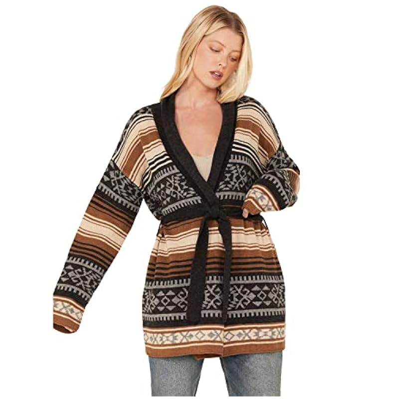 ‎womens Sweaters Stetson Stetson Women's Southwestern Print Knit Cardigan Sweater Brown Medium