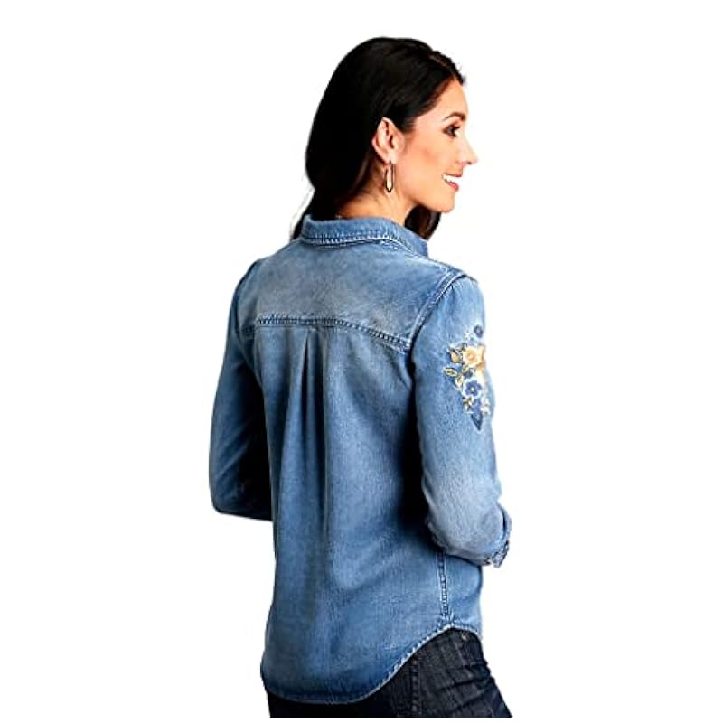 Stetson Tops, Tees & Blouses ‎womens Stetson Women's Floral Embroidered Medium Wash Long Sleeve Button-Down Shirt Blue X-Small