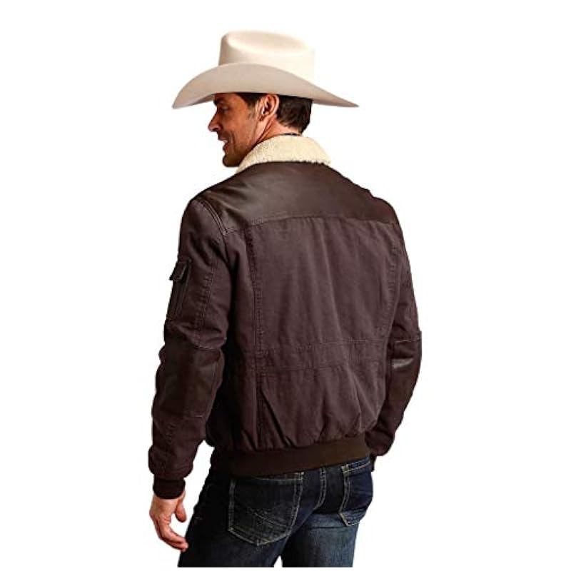 Stetson Men's Dark Novelty Solid Leather Canvas Sleeve Jacket Brown Large Stetson ‎mens Jackets & Coats