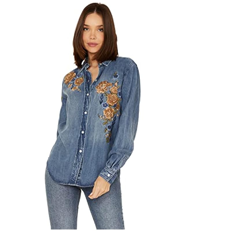 ‎womens Tops, Tees & Blouses Stetson Stetson Women's Floral Embroidered Medium Wash Long Sleeve Button Down Shirt Blue X-Large