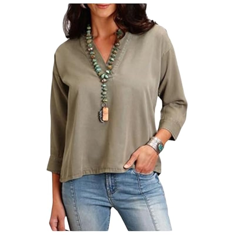 ‎womens Tops, Tees & Blouses Stetson Stetson Women's Long Sleeve Peasant Top Olive Small