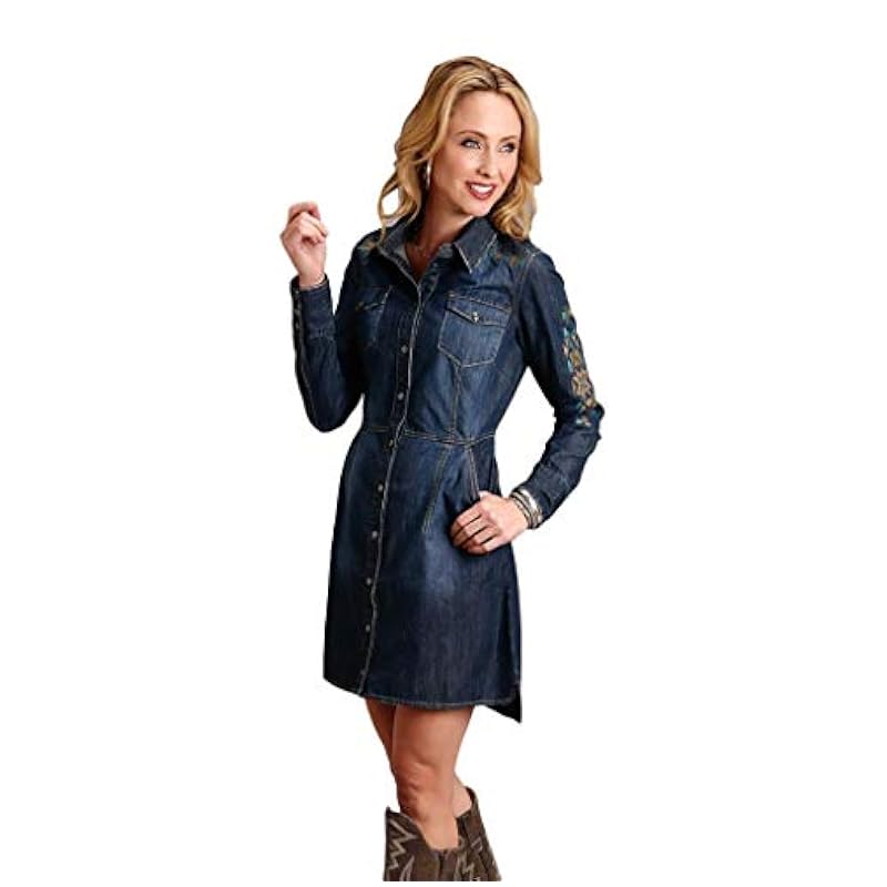 ‎Womens Tops, Tees & Blouses Stetson Stetson Women's Aztec Embroidered Long Sleeve Western Shirt Dress Blue X-Small