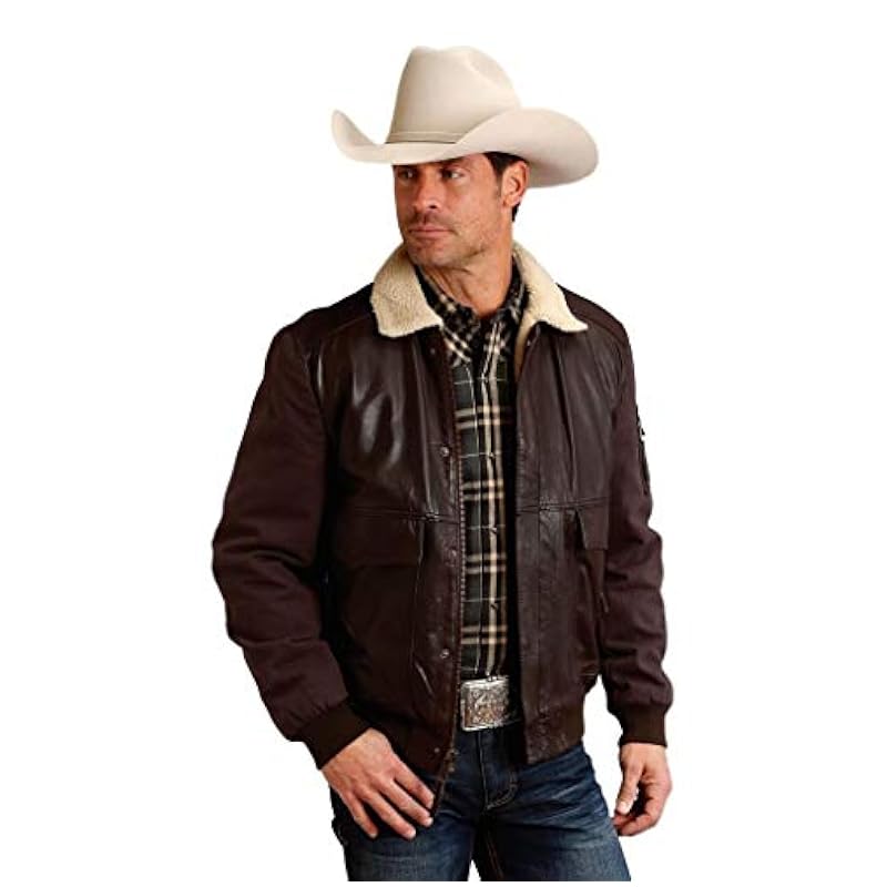 Stetson Men's Dark Novelty Solid Leather Canvas Sleeve Jacket Brown Medium ‎mens Jackets & Coats Stetson