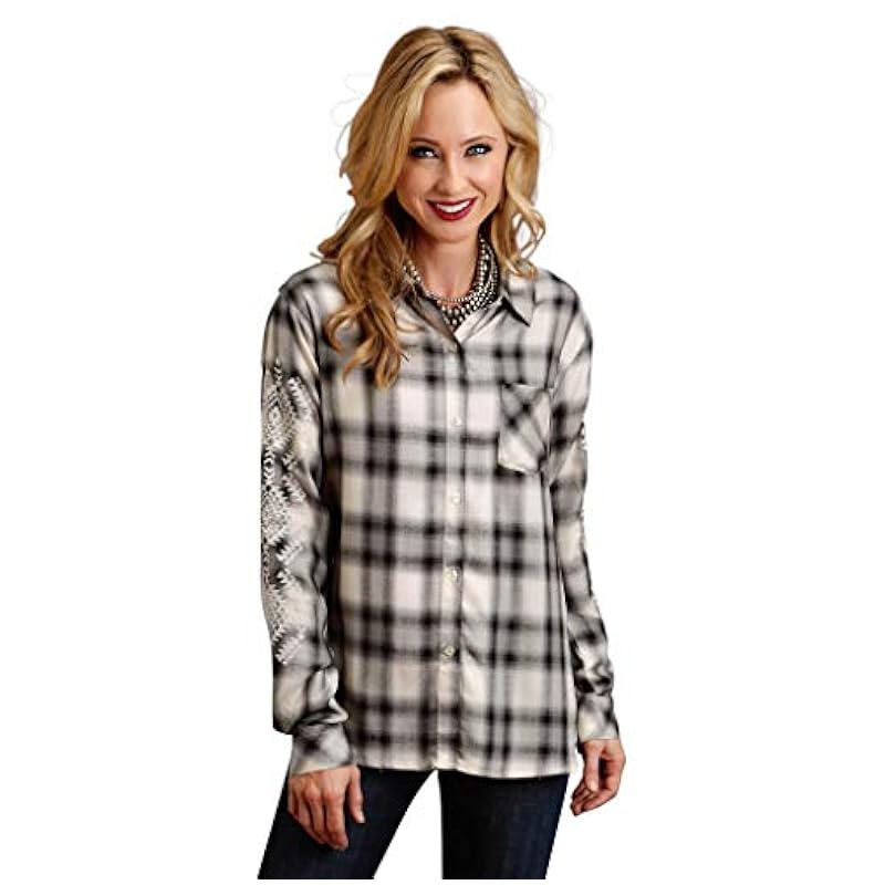 Stetson Stetson Herringbone Womens Cream Rayon/Nylon Ash Plaid BD L/S Shirt M ‎womens Tops, Tees & Blouses