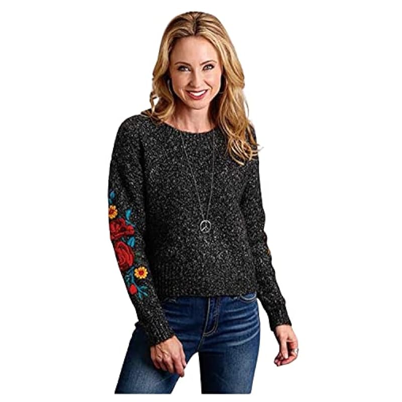 Stetson Women's Floral Embroidered Crew Neck Sweater Grey X-Small Stetson ‎womens Sweaters