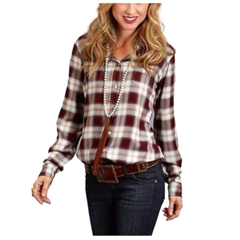 ‎womens Tops, Tees & Blouses Stetson Stetson Women's Plaid Long Sleeve Western Shirt Brown Small US