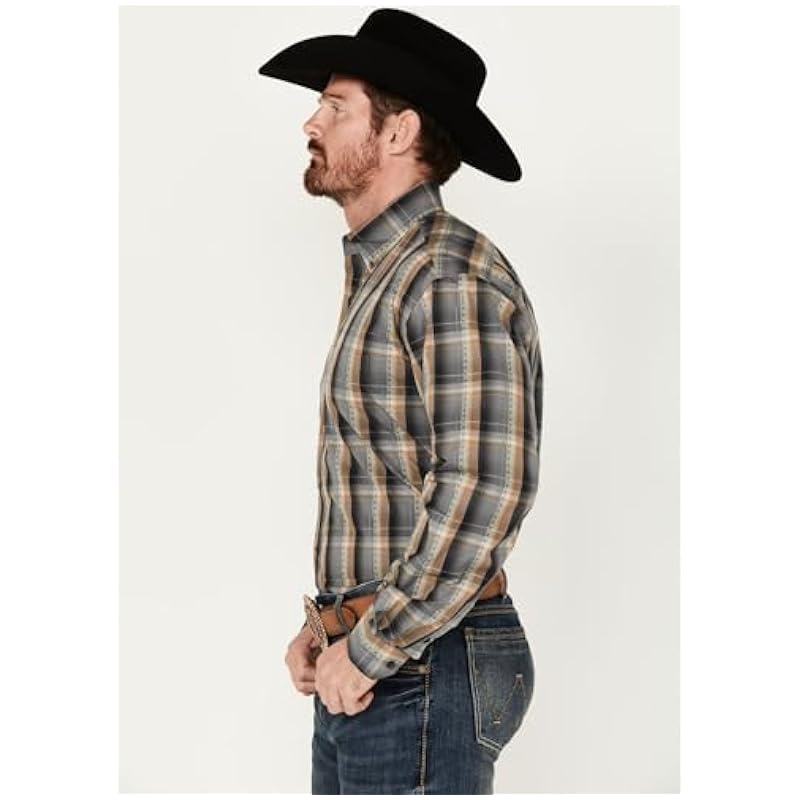 Stetson Stetson Men's Dobby Plaid Print Long Sleeve Button-Down Western Shirt Grey Medium ‎mens Shirts