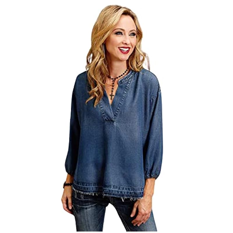 ‎womens Tops, Tees & Blouses Stetson Stetson Women's Denim Tencel 3/4 Sleeve Pesasant Top Blue X-Small