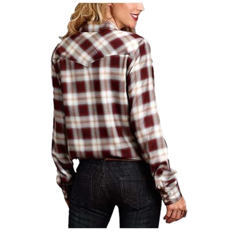 ‎womens Tops, Tees & Blouses Stetson Stetson Women's Plaid Long Sleeve Western Shirt Brown Small US