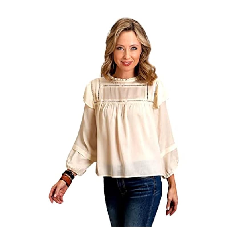 ‎womens Tops, Tees & Blouses Stetson Stetson Women's Cream Herringbone Pleated Long Sleeve Blouse Top Cream Small US