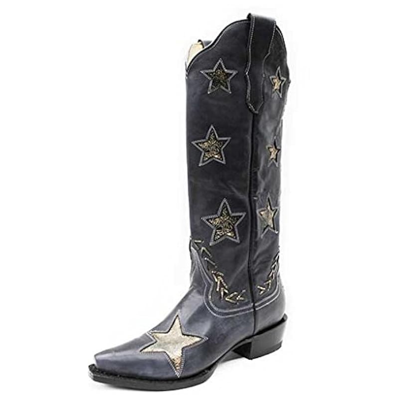 Stetson Boots ‎womens Stetson Big Star Ladies Black Leather Gold Underlay Cowboy Boots 6 M