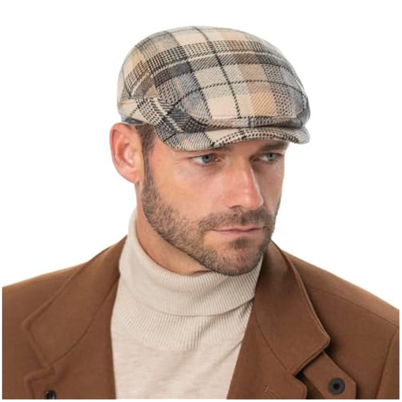 Stetson Alpaca Wool Check Driver Flat Cap Men - Made in Germany Beige-black ‎mens Hats & Caps Stetson