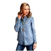 ‎womens Tops, Tees & Blouses Stetson Stetson Women's Solid Blue Denim Long Sleeve Snap Western Shirt Blue
