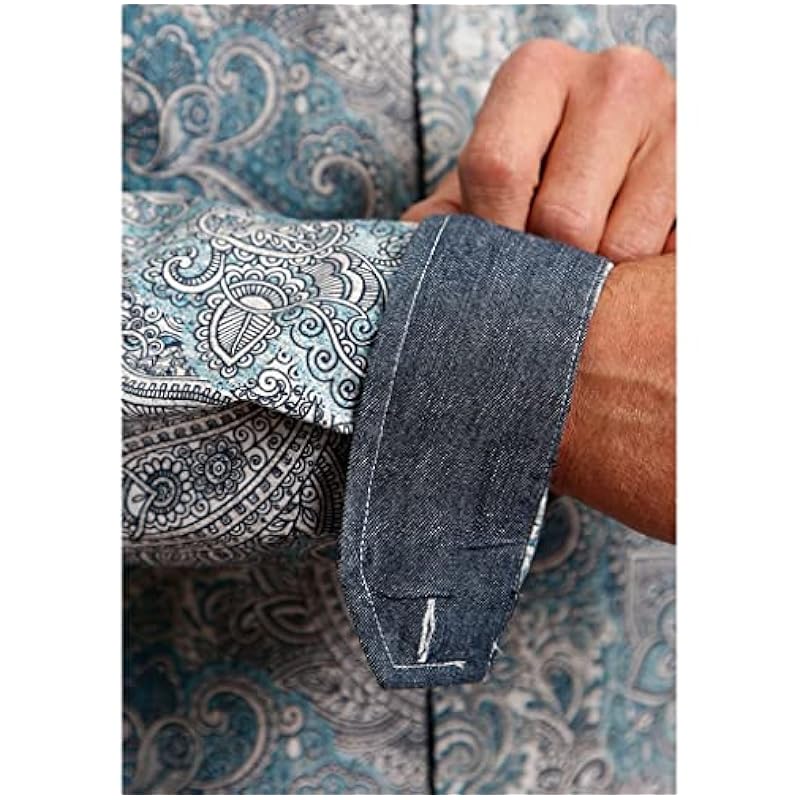 ‎mens Shirts Stetson Stetson Men's Denim Paisley Print Long Sleeve Button-Down Western Shirt Green Medium