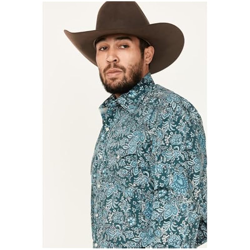 Stetson Shirts ‎mens Stetson Men's Floral Print Long Sleeve Pearl Snap Western Shirt Teal Medium