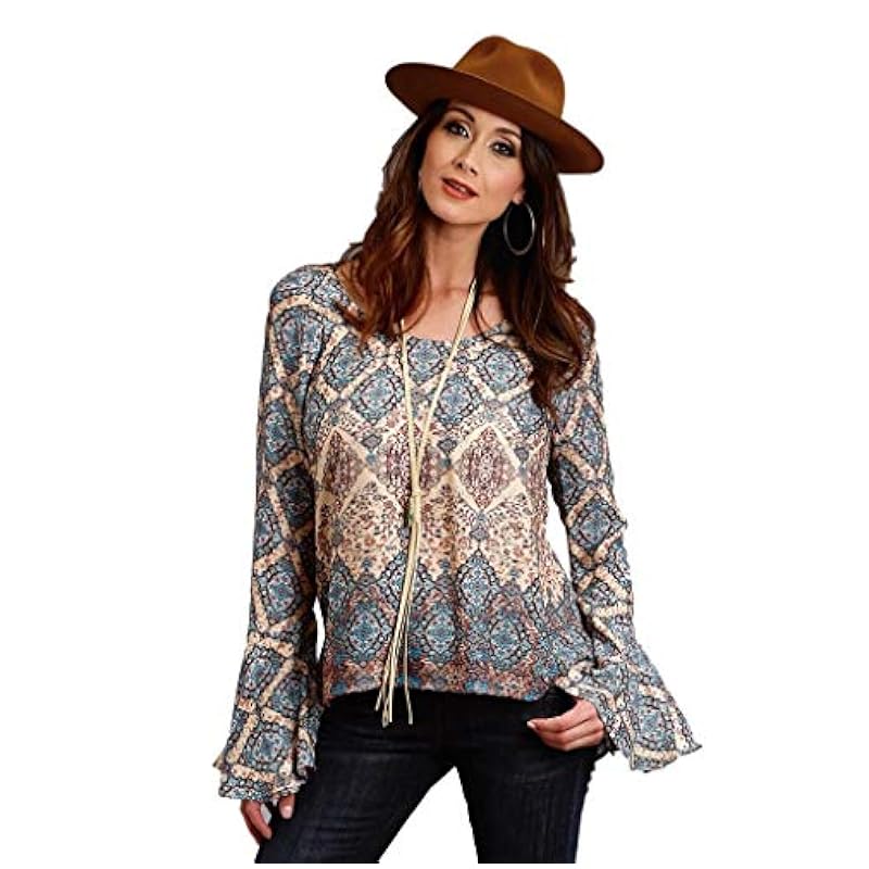 Stetson Stetson Women's Herringbone Twill Border Print Blouse Brown Large ‎womens Tops, Tees & Blouses