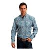 Stetson Men's Paisley Print Long Sleeve Button Down Western Shirt Blue Medium Stetson Shirts