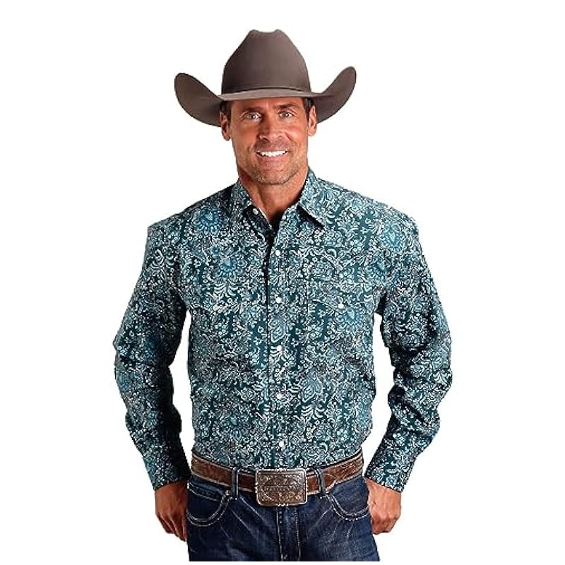 ‎mens Shirts Stetson Stetson Forest Paisley Men's Long Sleeve Snap Shirt 11-001-0925-6001 GR Green