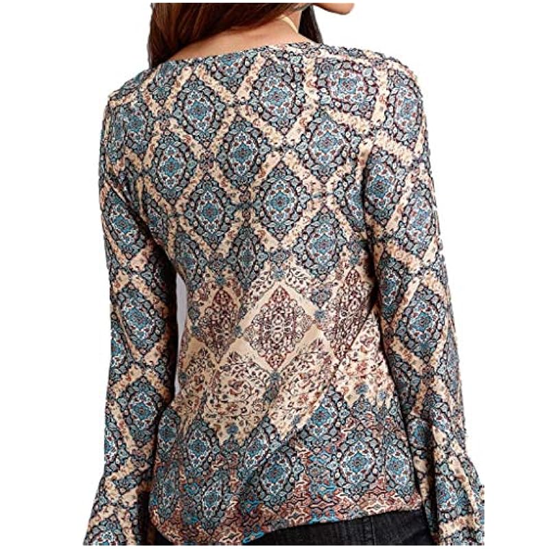 Stetson Stetson Women's Herringbone Twill Border Print Blouse Brown Large ‎womens Tops, Tees & Blouses